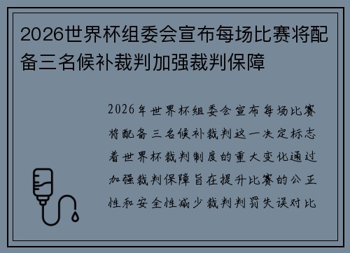 2026世界杯组委会宣布每场比赛将配备三名候补裁判加强裁判保障 2026世界杯组委会宣布每场比赛将配备三名候补裁判加强裁判保障